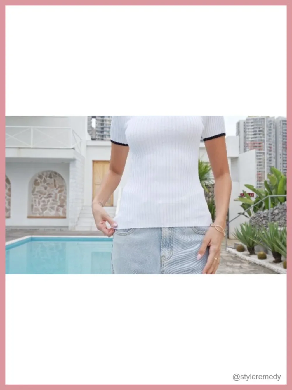 Short Sleeve Square Neck Color Block Ribbed Knit Crop Tee